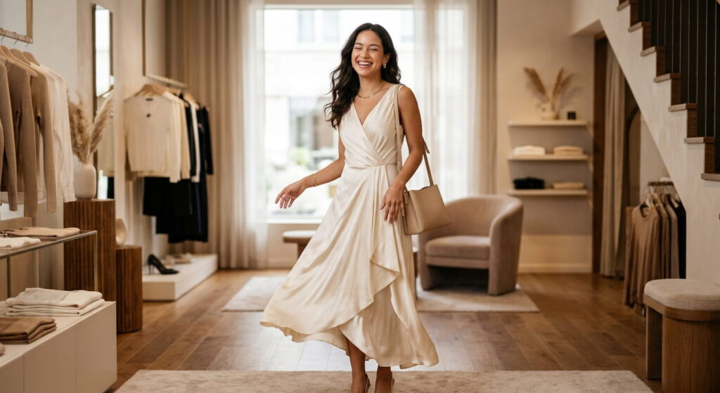 Frau präsentiert Luxus Kleid luxus-mode-blog.de Sidebar